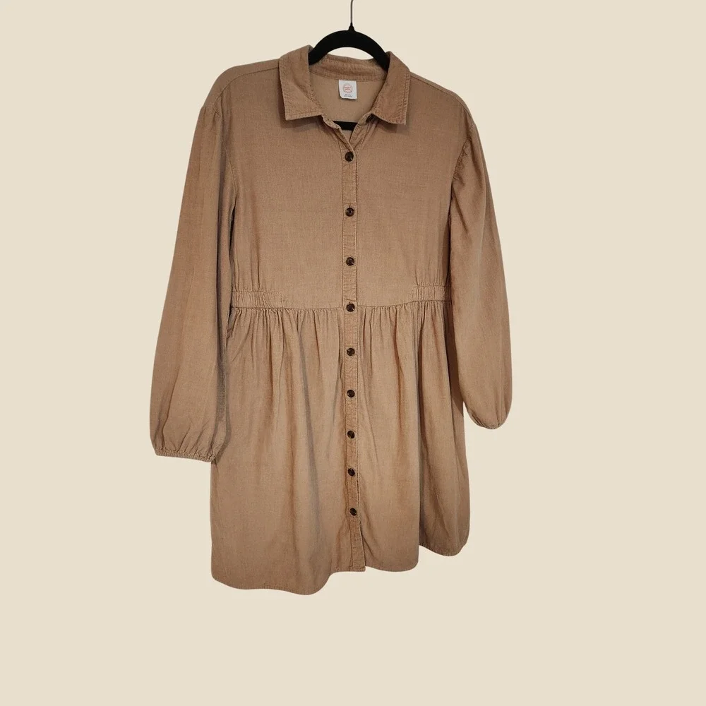Wonder Nation Girls Tan Corduroy Babydoll Shirt Dress XXL 18 Long Sleeve
